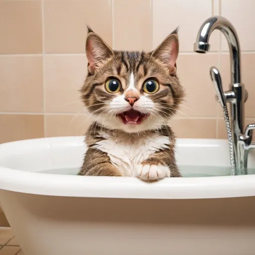 Prompt: cartoonish cat in the bathtube sitting playfully