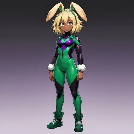 Prompt: a brown skin girl with blonde hair in a black and emerald, green with purple bunny suit, similar to Deku from my hero academia, showing full body