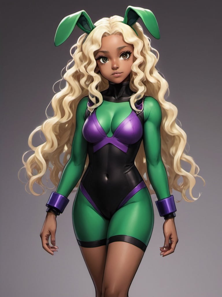 Prompt: a brown skin girl with very curly long blonde hair in a black and emerald, green with purple bunny suit, similar to Deku from my hero academia, showing full body, my hero academia art style