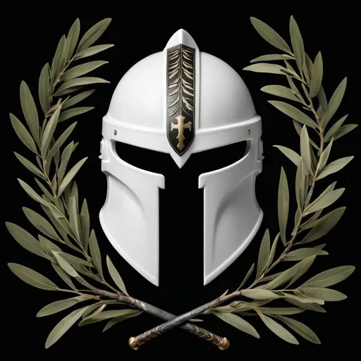 Prompt: Black background, white Spartan helmet, shield, and swords surrounded by Olive branches