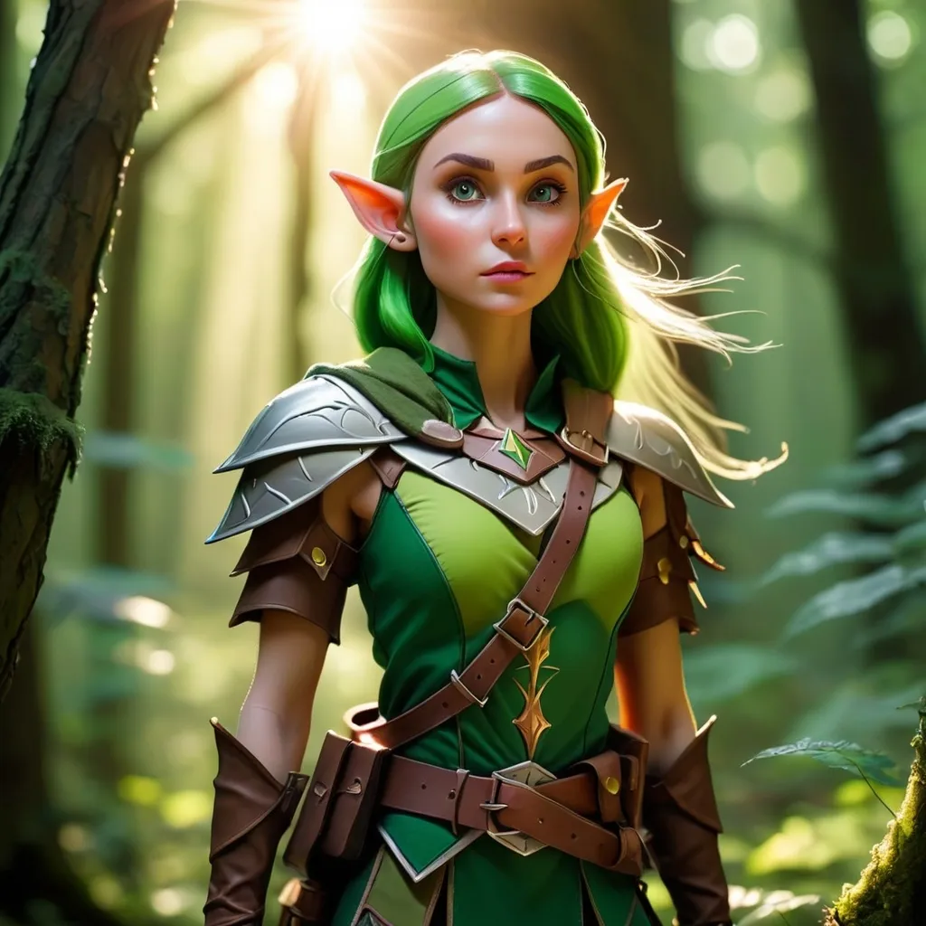 Prompt: Elf ranger in a mystical forest around sunlight