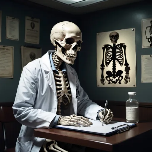 Prompt: (skeleton doctor), wearing a white lab coat, holding a clipboard, a stethoscope draped around its neck, (muted colors), (dramatic shadows), sitting in a dimly lit examination room, medical posters on the walls, an eerie but intriguing atmosphere, high detail, ultra-detailed, perfect for a macabre theme.