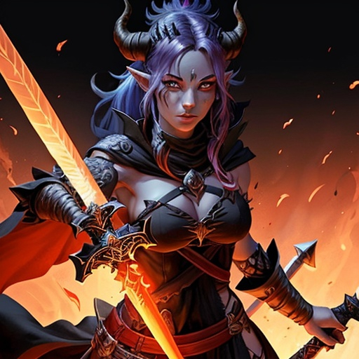 Prompt: a female dnd 5e fire genasi with a sword. with black curved horns and black tattoos
