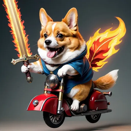 Prompt: angry corgi riding a flying cat holding a flaming sword