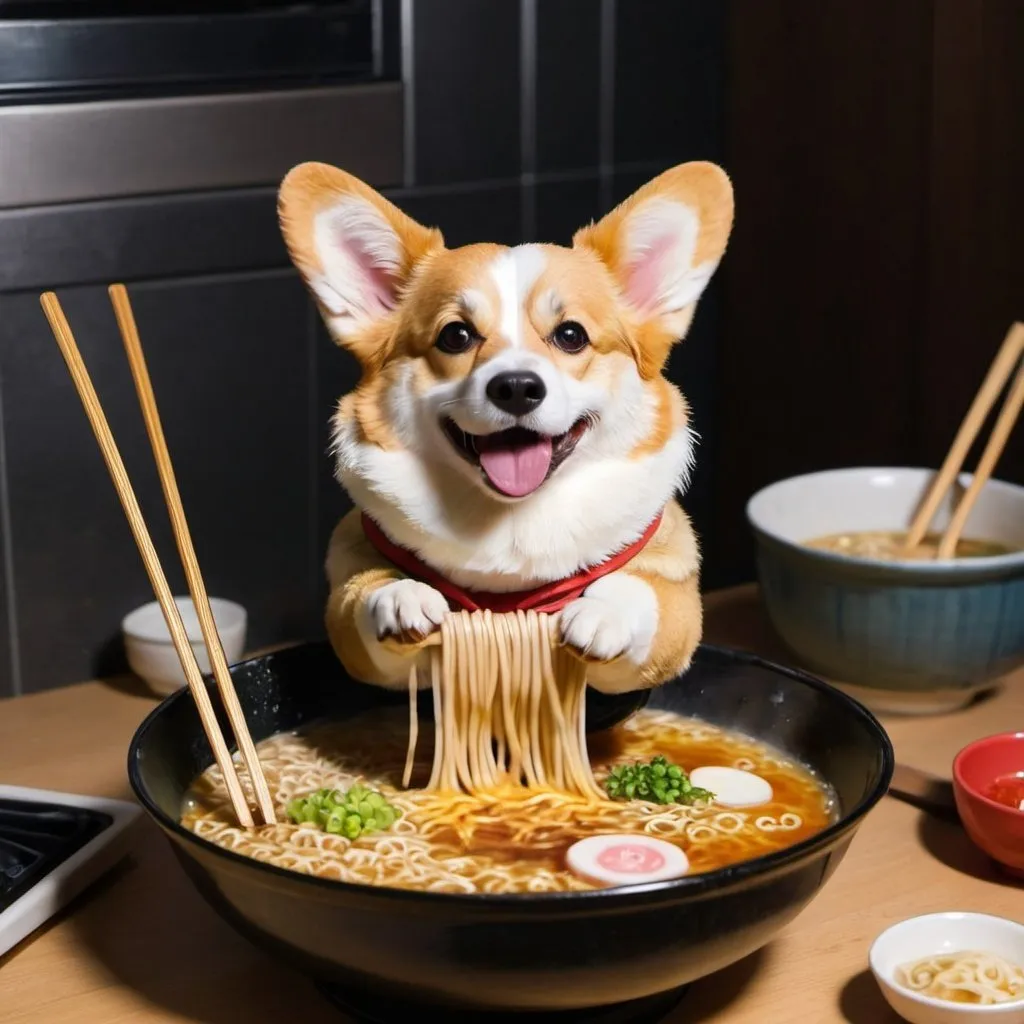 Prompt: corgi making ramen