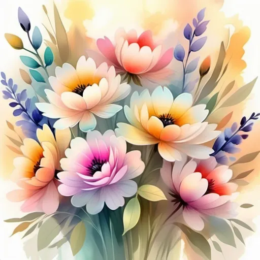 Prompt: (digital watercolor painting), vibrant flowers, (gifts for mother), a bouquet filled with colorful blooms, soft and delicate brush strokes, gentle pastel colors, warm ambiance, shimmering light effects, artistic and heartfelt display, celebrating love and appreciation, high-quality artwork 4K, serene background with subtle textures.