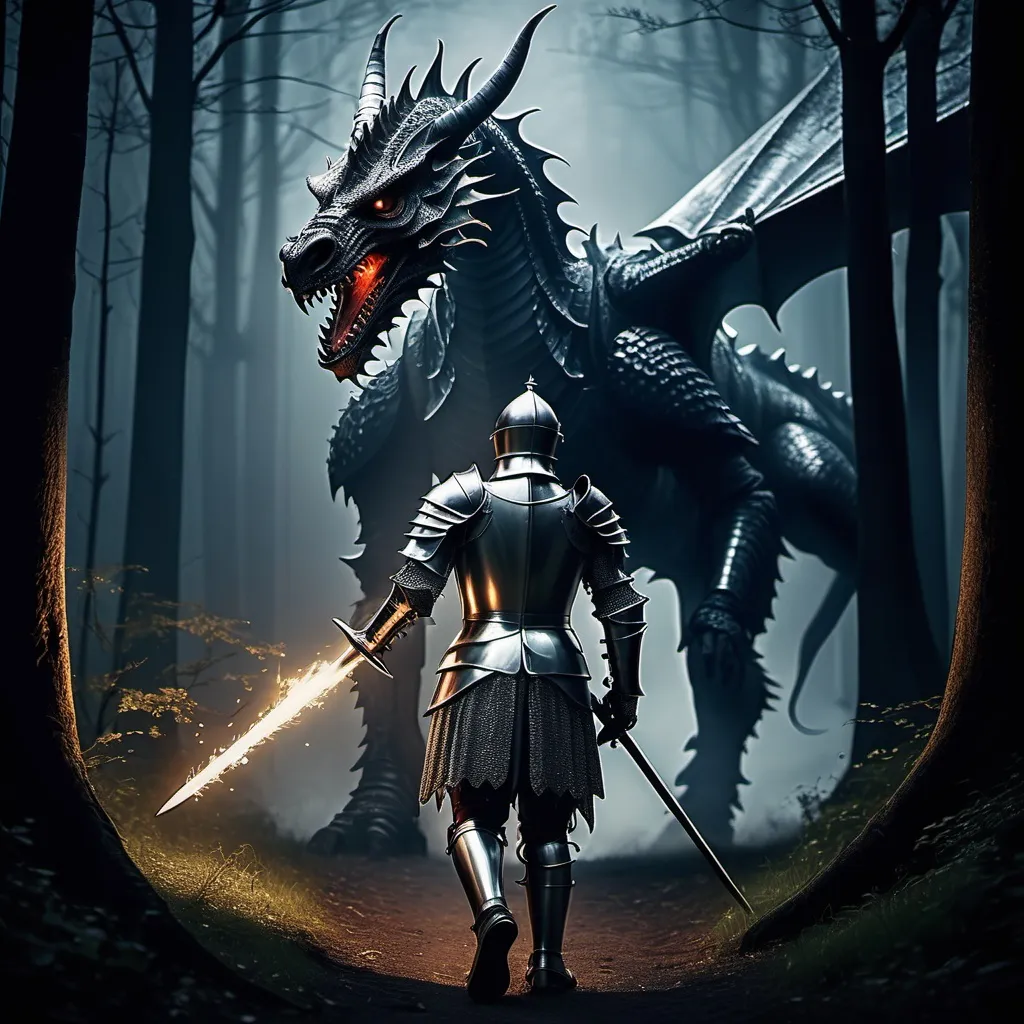 Prompt: Show me a knight in 1430s armour going through a dark forest in the night  with a longsword from a year 1440s, and a torch in his other hand, put him in the center view as he is walking in front of the camera with his back turned, he is walking towards a giant dragon that holds a princess that th knight is trying to save, make a dragon in his animal form without armour,