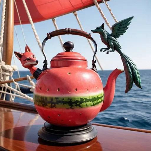 Prompt: Watermelon colored tea kettle sitting on a tall sail ship at sea with a  phoenix bird Flys through the air holding a hrey colored fox in the background 