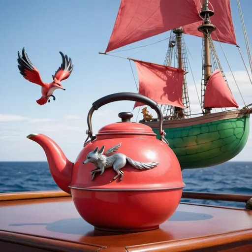 Prompt: Watermelon colored tea kettle sitting on a tall sail ship at sea with a  phoenix bird Flys through the air holding a hrey colored fox in the background 