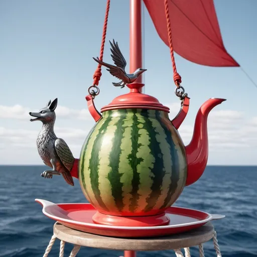 Prompt: Watermelon colored tea kettle sitting on a tall sail ship at sea with a phoenix bird flys through the air holding a grey colored fox.