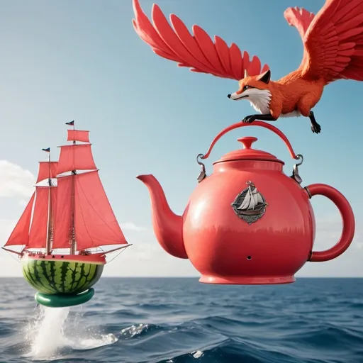Prompt: Watermelon colored tea kettle sitting on a tall sail ship at sea with a  phoenix bird Flys through the air holding a fox in the background 
