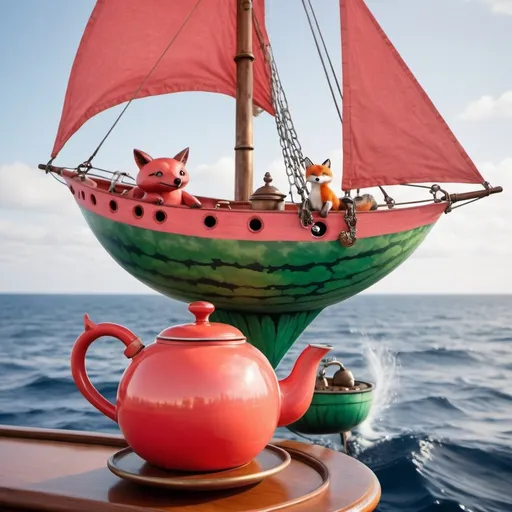 Prompt: Watermelon colored tea kettle sitting on a tall sail ship at sea with a  phoenix bird Flys through the air holding a fox in the background 