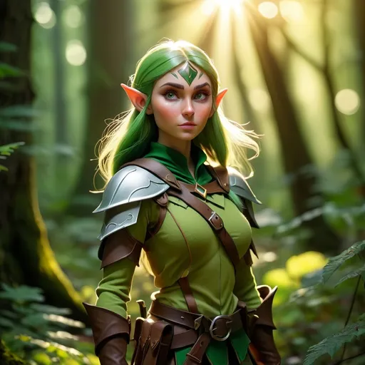 Prompt: Elf ranger in a mystical forest around sunlight