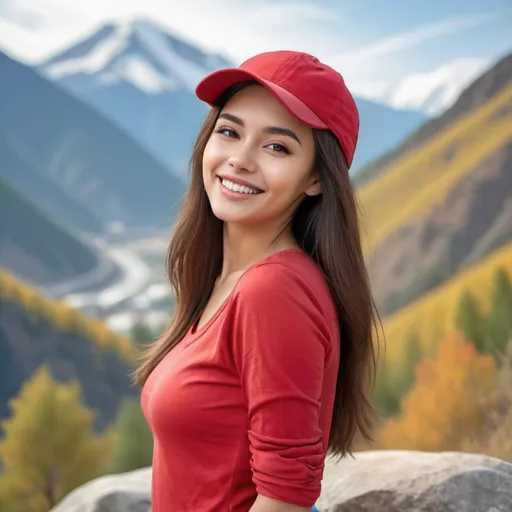 Prompt: Beautiful woman with straight hair and slim figure, wearing a red shirt and blue jeans, smiling against a mountain backdrop, high-res, realistic portrait, casual style, warm and natural lighting, detailed facial features, white skin, vibrant blue hat, scenic outdoors, leisurely atmosphere