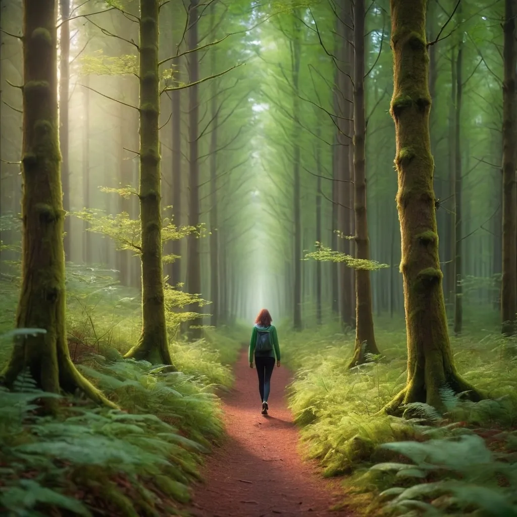 Prompt: beautiful forest with 1 person walking in it