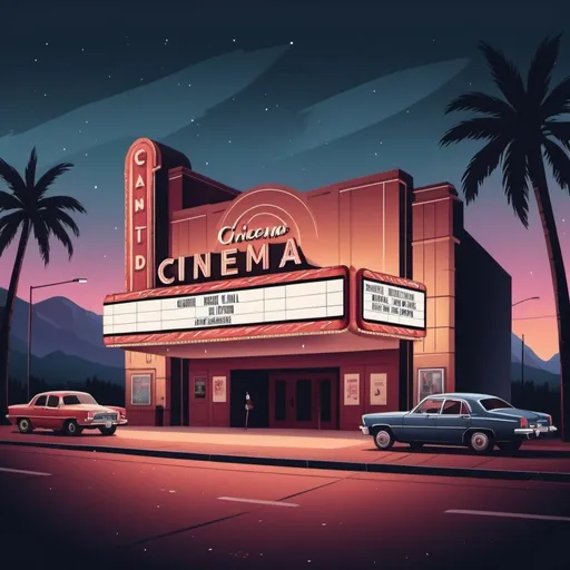 Prompt: movie cinema exterior landscape illustration aesthetic  
