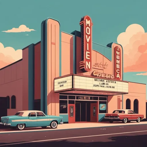 Prompt: movie cinema retro illustration aesthetic exterior day time

