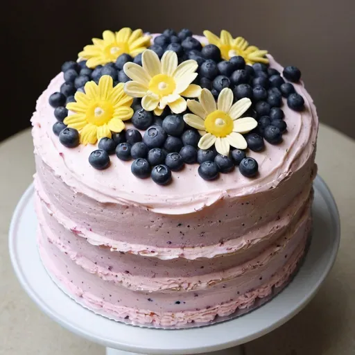 Prompt: lemon blueberry birthday cake with flowers buttercream