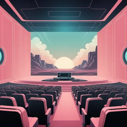 Prompt: movie cinema landscape illustration futuristic soft colors 
