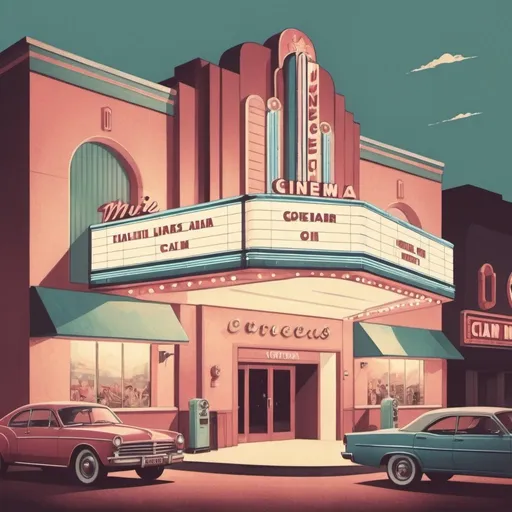 Prompt: illustration art movie cinema exterior vintage soft colors 