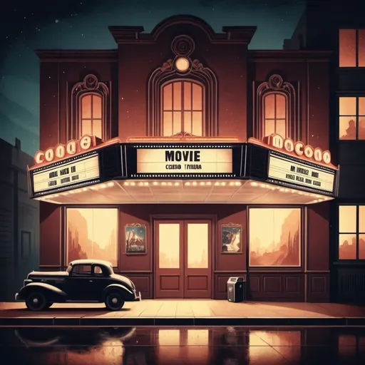 Prompt: movie cinema atmospheric illustration vintage exterior or interior night or day

