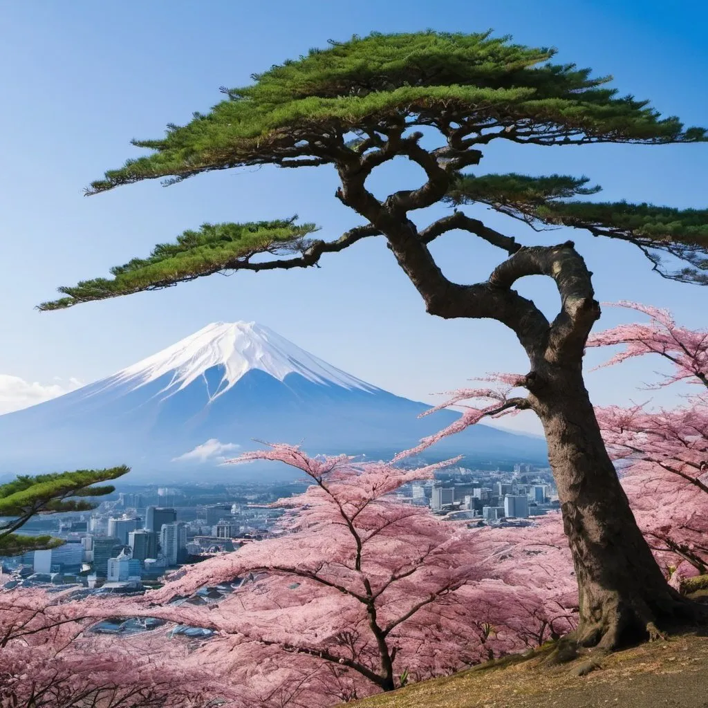 Prompt: A tree with mount fuji back