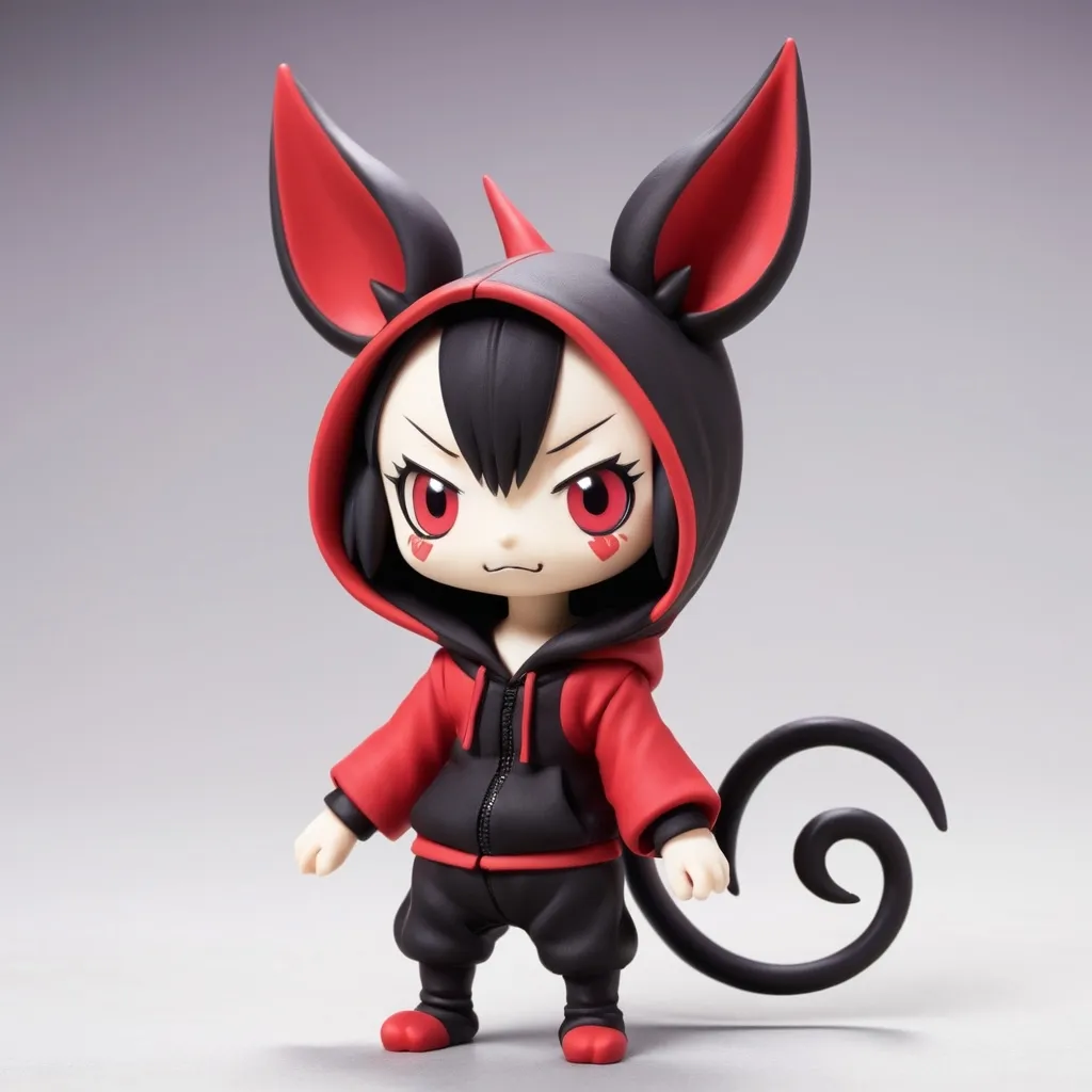 Prompt: a miniature character similar to kuromi, in the masculine form with ears, a tail, koromi has a cute face, and this character should have an evil one, in red colors. without hair, in a hood and without anything extra