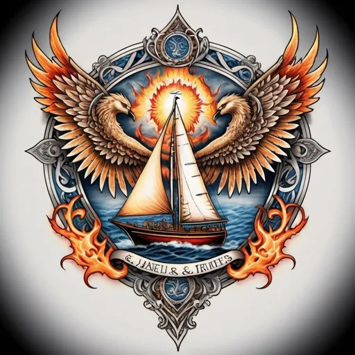 Prompt: Tattoo design for shoulder and arm length involving family, and struggles in life Aswell as angels, having flared nice flames near the sides, sailing, football clubs including family