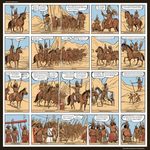 Prompt: do a comic strip of the life of Montezuma II. Use ONLY 10 squares for your story line