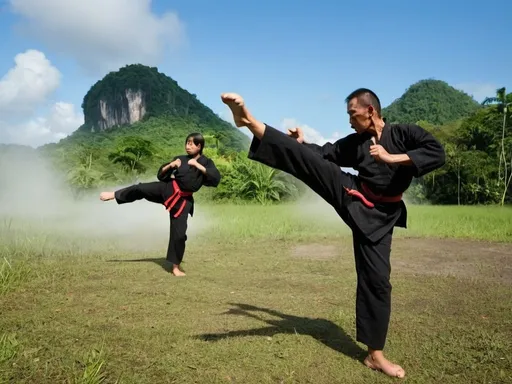 Prompt: native people martial arts silat background in jungle