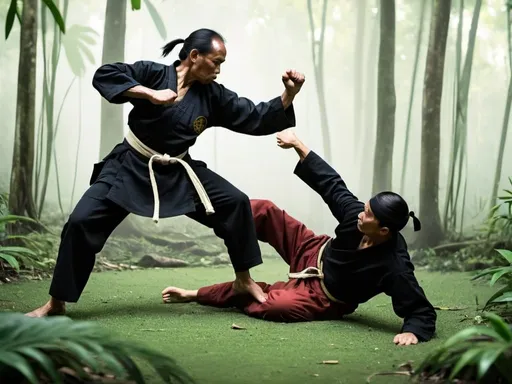 Prompt: native people martial arts silat background in jungle