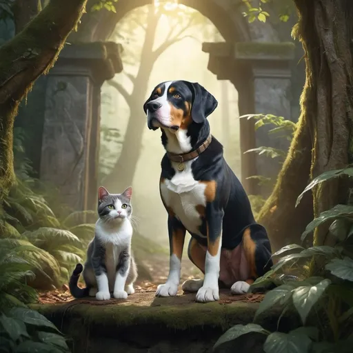 Prompt: Zuzu the Greater Swiss Mountain Dog and Miss Grey Kitty’s Mysterious Sourland Adventure, in a lush, enchanted forest, mysterious and misty atmosphere, warm and earthy color tones, Zuzu with a curious yet brave expression, Miss Grey Kitty looking inquisitive, searching and exploring ancient ruins, beams of sunlight piercing through the thick canopy, high-resolution, ultra-detailed, cinematic lighting, fantasy art style, highly intricate backgrounds, photorealistic animal fur textures, 4K quality, evocative and adventurous mood