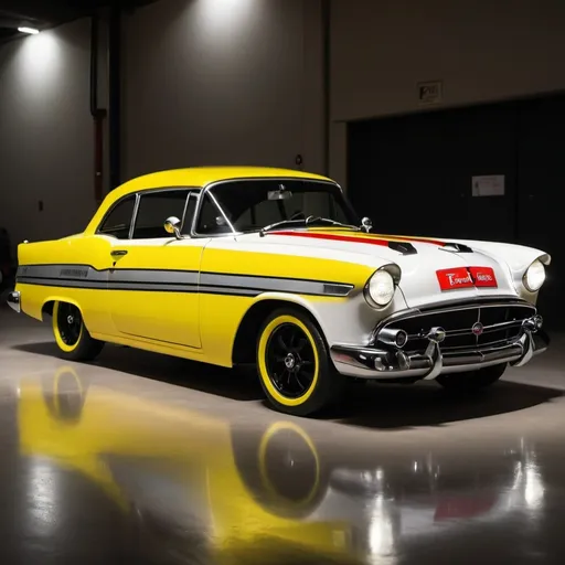 Prompt: A 2 seated white classic car with yellow doors with yellow and black racing stripes. It has 4 Black, red and silver wheels. 8 exhaust pipes. It glows in the dark and has yellow headlights  