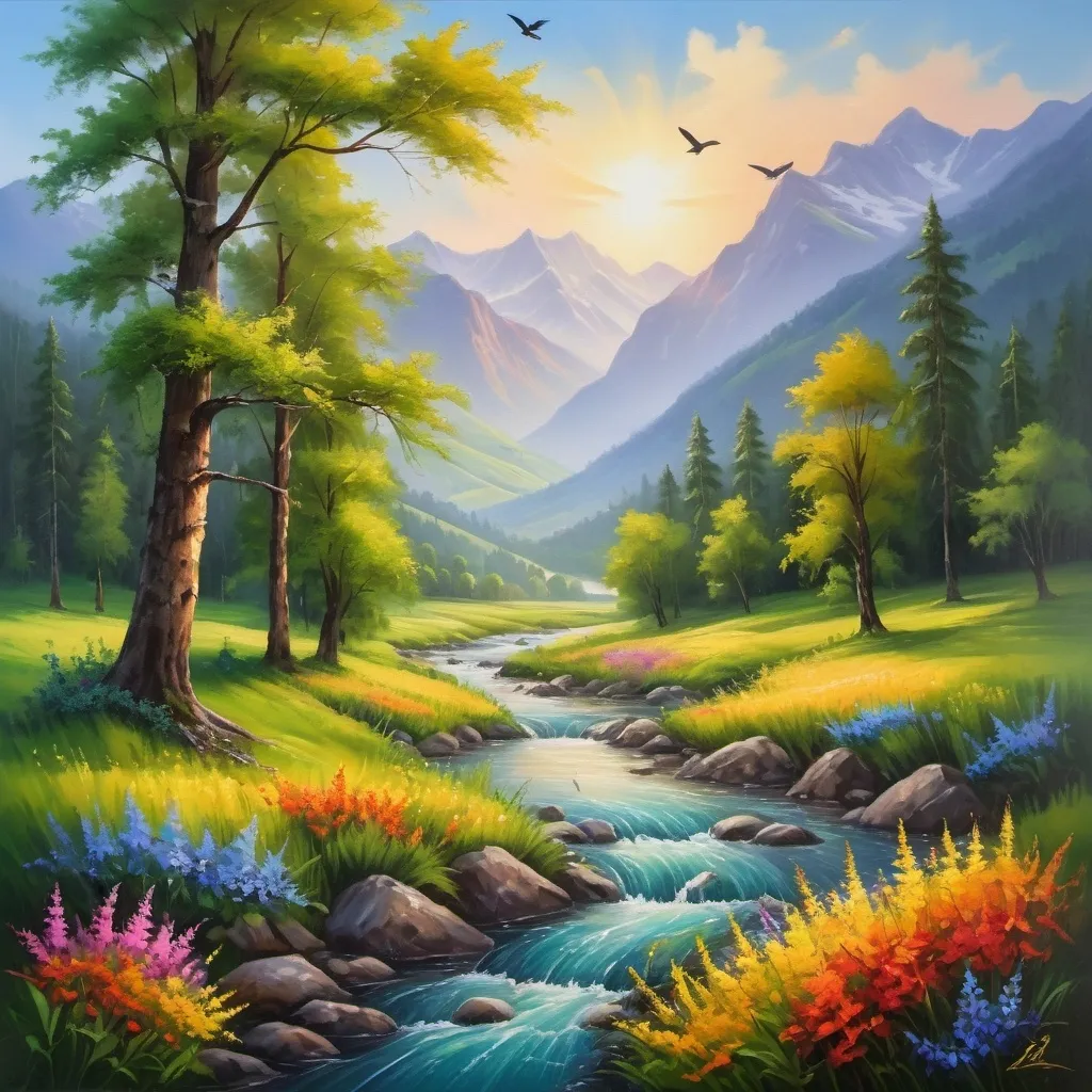 Prompt: Create a description of a oil paint like art that consist river, mountain, trees, birds and flowers in
the country side
