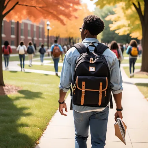 Prompt:  A picture of a college campus or a black student walking to class with a backpack, giving a nostalgic or fresh "first-year college" vibe.