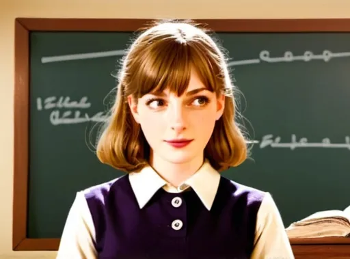 Prompt: Ella Freya as a student in a history class in a 1960s Southern California high school. Students wearing school uniforms. Teacher is lecturing. Classroom has maps and posters on wall. 1980s vintage anime style illustration.