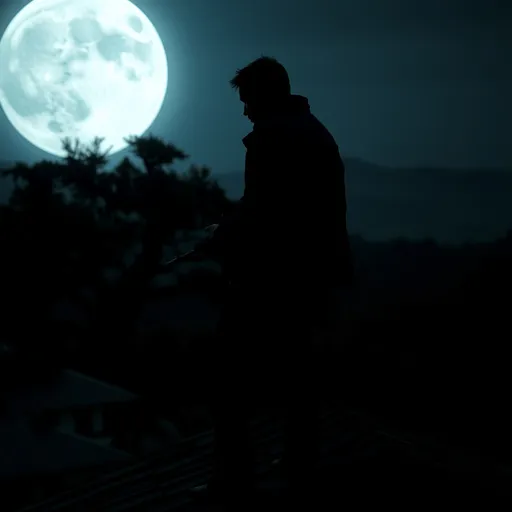 Prompt: Hasselblad H6D-100c, low exposure, high contrast, ISO 64, with a 120mm macro lens. 
A man stands on the roof of his house at night, gripping a rifle, looking out over a chaotic, moonlit landscape. The moon is full and enormous, casting an eerie, pale light over the scene. Below, shadowy figures cry and huddle around or behind a large tree, partially obscured by darkness. The man, once fearful, now stands resolute, his face illuminated by the cool glow of the moonlight. His expression is a mixture of tension and quiet determination.
The camera captures the scene with sharp focus on the man’s silhouette against the night sky, emphasizing the fine textures of his clothing, the rifle, and the roof beneath him. The background is slightly blurred, highlighting the figures near the tree in soft focus, their forms lost in shadow. The eerie light from the oversized moon casts dramatic, long shadows across the rugged landscape, enhancing the tension and surreal calm of the moment. The use of low exposure creates a moody, atmospheric effect, with the high contrast between moonlight and shadow adding depth and mystery.