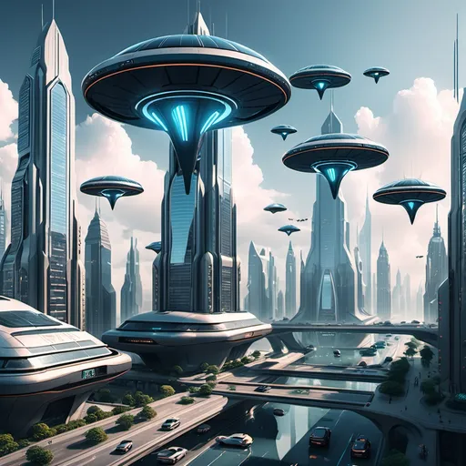 Prompt: A futuristic city with flying cars and towering skyscrapers.