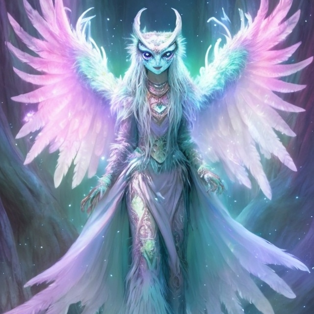 Prompt: dnd concept art, druid of the stars, female owlin, boreal owl, humanoid, regal with talons, tall, elegant, white feathers with pink aura in an iridescent background 