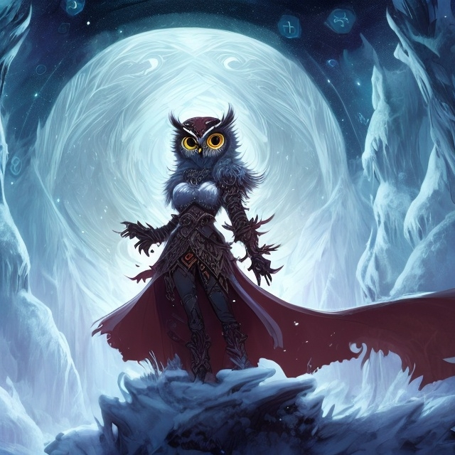 Prompt: dnd splash art of a female half owl humanoid cleric of the stars, tall, elegant, white and red feathers in an arctic forest background on a starry midnight sky