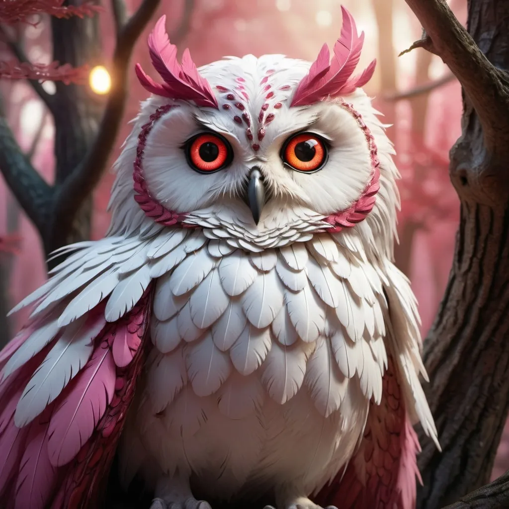 Prompt: Feminine Owlin Dungeons and Dragons white feathers pink/red tips golden eyes 
