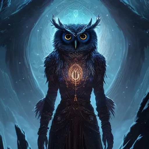 Prompt: dnd splash art of a female half owl humanoid cleric of the stars, tall, elegant, white and red feathers in an arctic forest background on a starry midnight sky