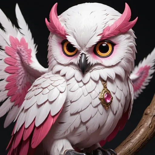 Prompt: Feminine Owlin Dungeons and Dragons white feathers pink/red tips golden eyes 
