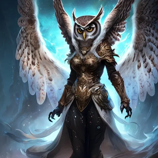 Prompt: Splash Art art of female owl humanoid celestial cleric elegant, with white and brown feathers like a boreal owl, HDR, art nouveau night sky background
