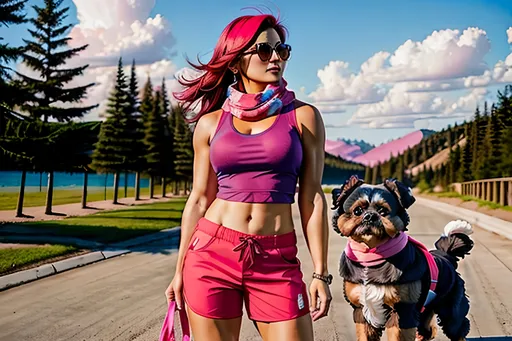Prompt: Hyperrealistic full-body photo of a wife wearing (pink-sleeveless-tank-and-short-red-pant) with a shih-tzu-dog wearing (blue-scarf)