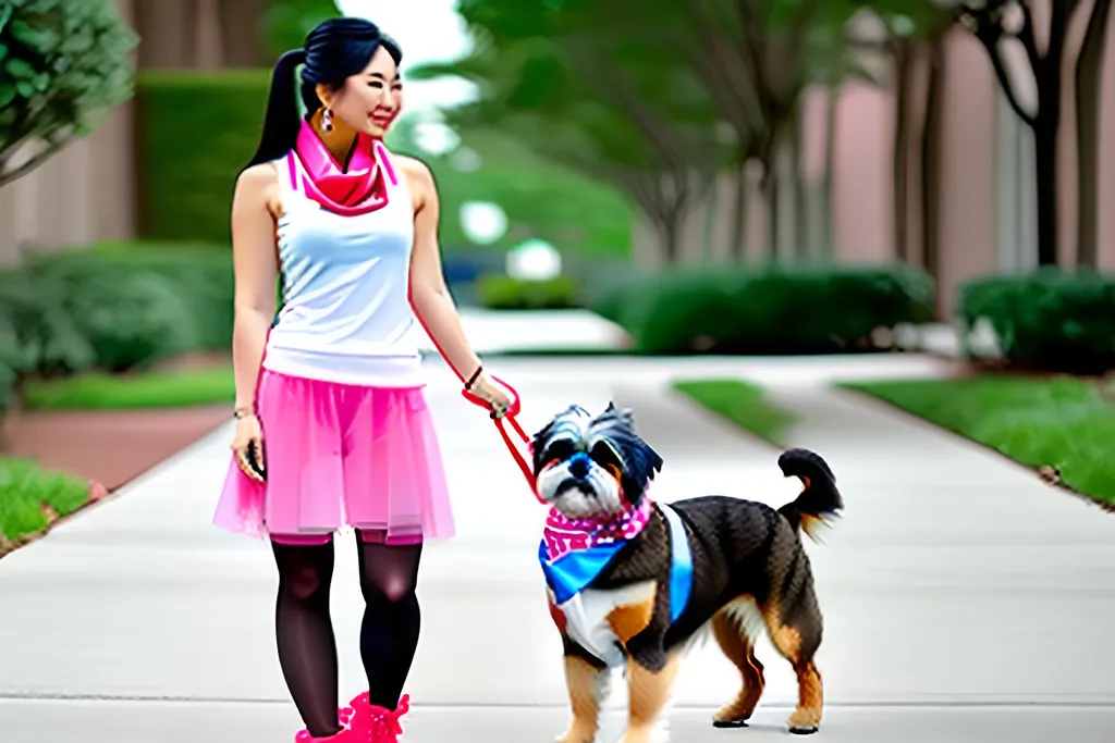 Prompt: Hyperrealistic full-body photo of (a wife wearing pink-laced-sleeveless-tank and short-red-tight), with (a shih-tzu-dog wearing blue-scarf)