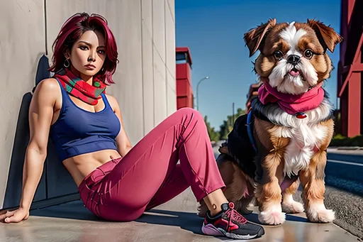 Prompt: Hyperrealistic full-body photo of a (wife wearing-pink-sleeveless-tank-and-short-red-pant) with a (shih-tzu-dog wearing-blue-scarf)