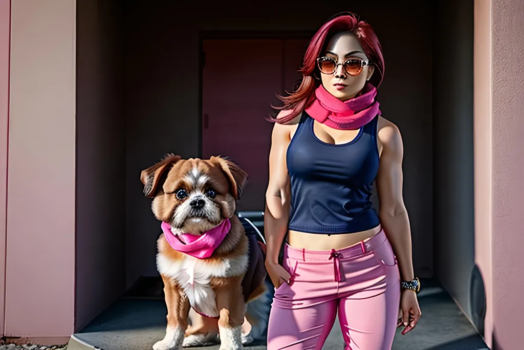 Prompt: Hyperrealistic full-body photo of a wife wearing-pink-sleeveless-tank-and-short-red-pant with a shih-tzu-dog wearing-blue-scarf