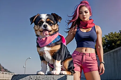 Prompt: Hyperrealistic full-body photo of a girl wearing-pink-sleeveless-tank-and-short-red-pant with a shih-tzu-dog wearing-blue-scarf