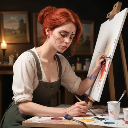Prompt: An Animated Fem
ale Artist, Languishing, Pining, Suffering, as they paint.

